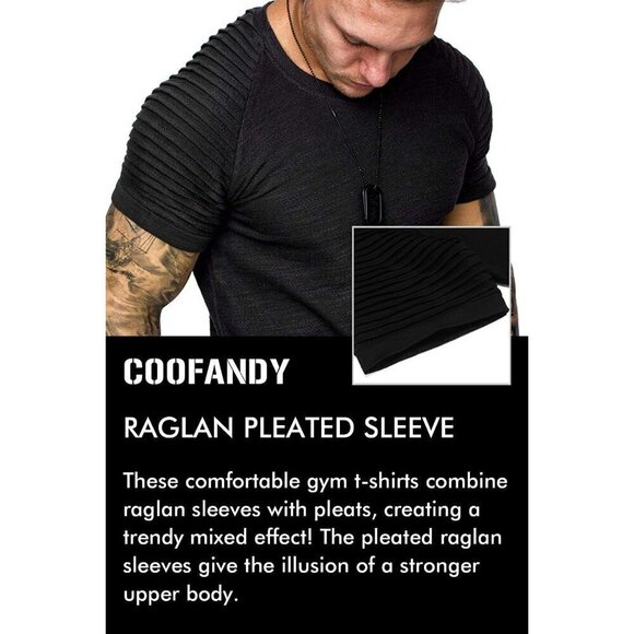 Men Black Muscle TShirt Pleated Raglan Sleeve Hipster Gym Tee Short Sleeve Shirt - Picture 5 of 7